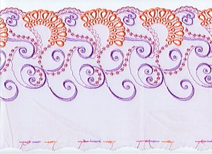 Bestickter Tll, L+R, lila,  mit lila, oranger und rosa  Lochstickerei,
