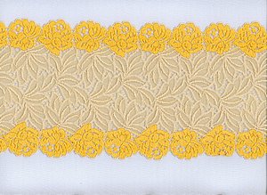 Elastisches Spitze, Pastellgelb-Sonnengold mit Rosenblten und Blattmuster