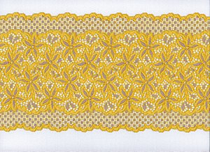 Spitze in Gold-Lavendel mit eingestreuten Seesternen und breiten Bogenkanten